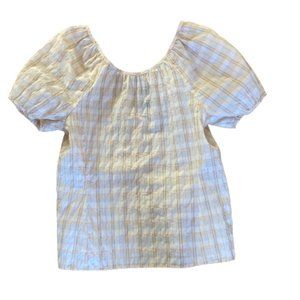 J. Crew V-Back Puff-Sleeve Top Textured Plaid, Re-Imagined Line, Eco, sz 4